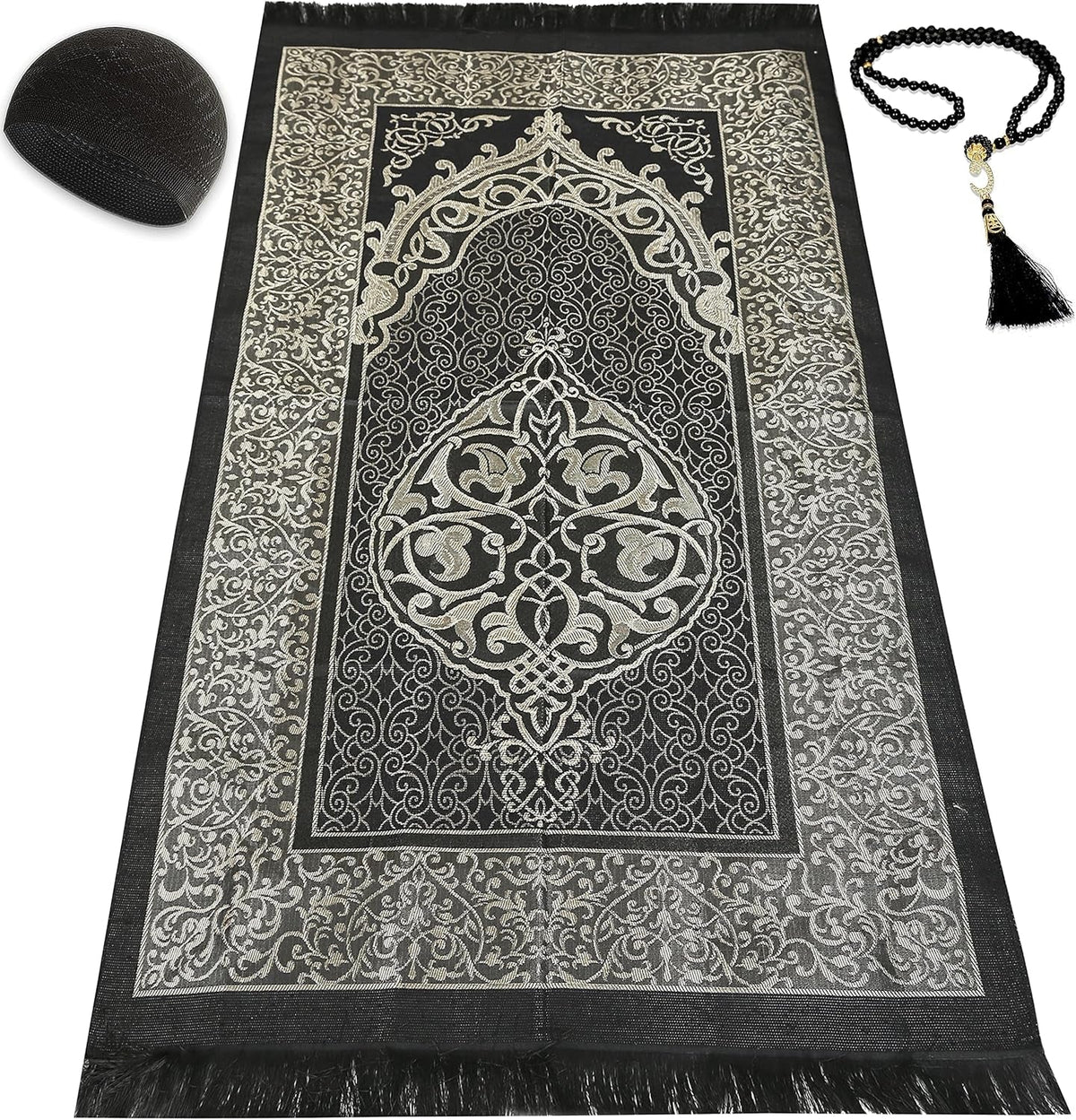 Muslim Prayer Rug Prayer Beads Kufi Hat for Men and Women 100% Breathable Black Skull Beanie Traditional Desing Prayer Mat Eid Ramadan Gifts Islamic Set Salah Mat Taffeta Fabric Soft (Black)