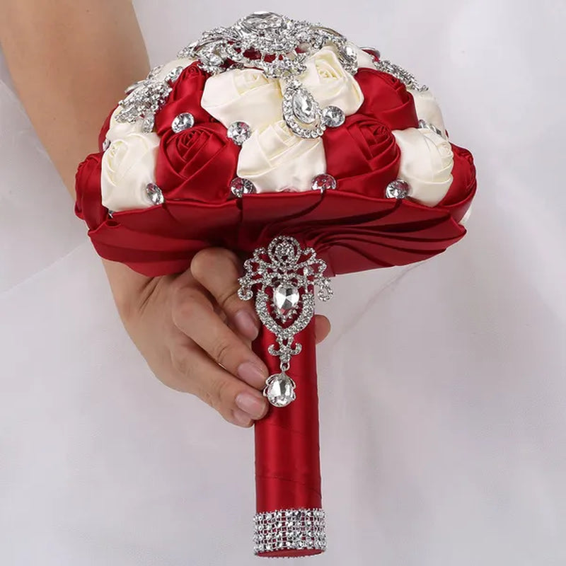 21CM Shiny Silver Rhinestone Brooch Bridal Bouquet Handmade Silk Rose Ribbon Diamond Wedding Flower Bouquet Bridesmaid Holding Flowers