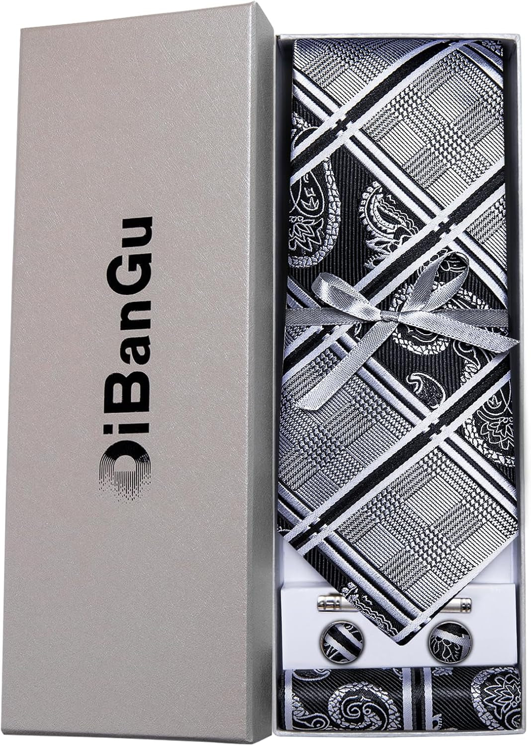 Plaid Ties for Men Silk Checkered Necktie and Pocket Square Cufflinks Tie Clip Set with Gift Box for Wedding Business