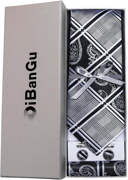 Plaid Ties for Men Silk Checkered Necktie and Pocket Square Cufflinks Tie Clip Set with Gift Box for Wedding Business