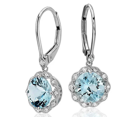 Women Fashion Sterling Silver Earrings Jewelry Natural Gemstone Aquamarine Dangle Hoop Earrings Diamond Floral Earrings