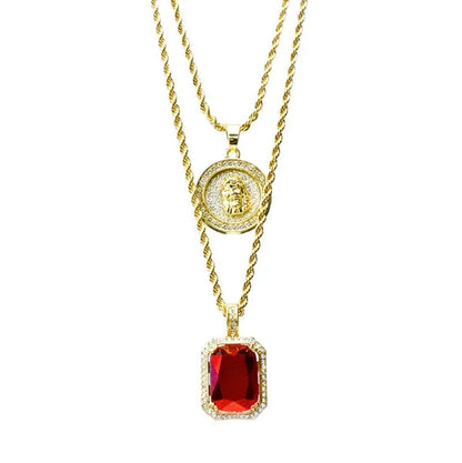 14K Gold Plated Medallion Jesus & Simulated Red Ruby 22"&27" Combo Pendant Chain Necklace
