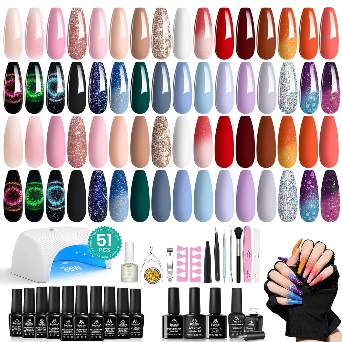 Beetles 23Pcs Gel Nail Polish Kit with Glossy Matte Top Coat and Base Coat Girls Night Collection White Nude Gray Glitters Gel Nail Polish Set U V Soak Off Holiday Manicure for Women Girls
