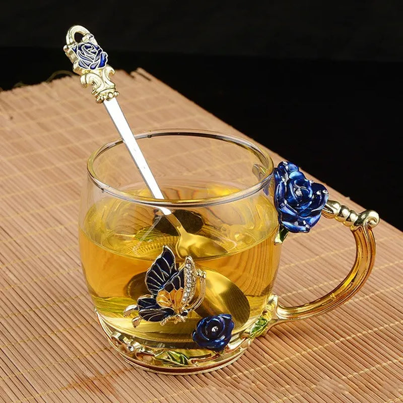 Red Blue Rose Enamel Crystal Cup Flower Tea Cup Butterfly Glass Water Cups Flower Mug with Spoon Set Perfect Gift for Lover Wedding