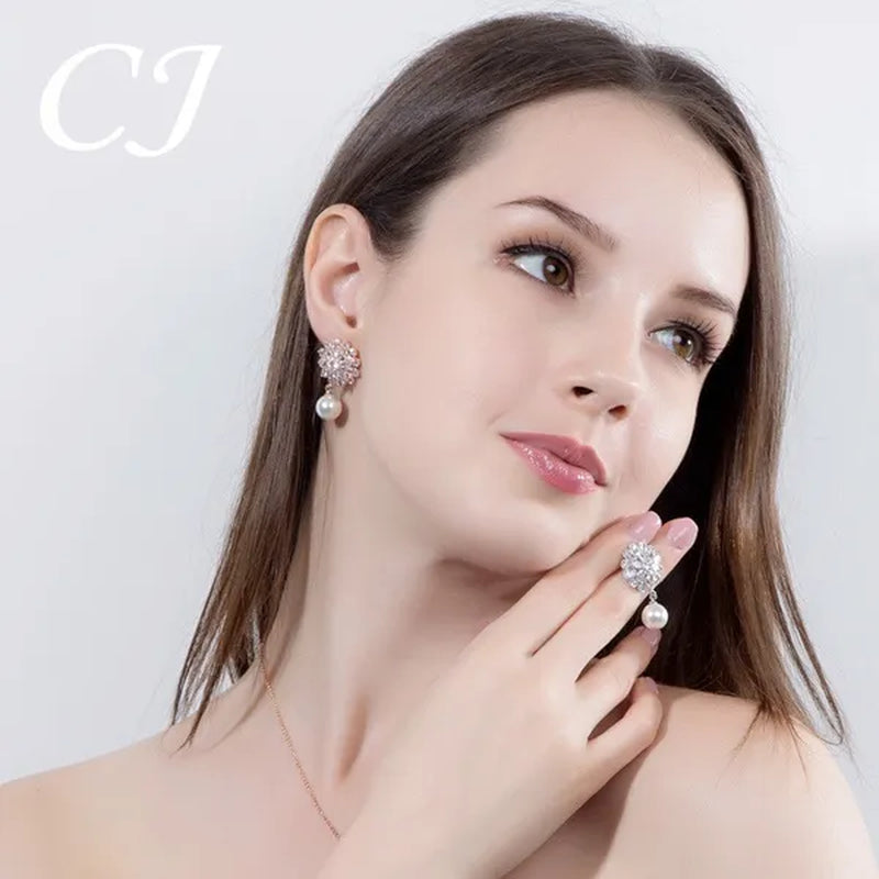 CANDICE White Gold Plated Beautiful CZ Zirconia Stones Snowflake Drop Women Party Clip On Pearl Earrings Without Piercing Jewelry for Non Hole Ears
