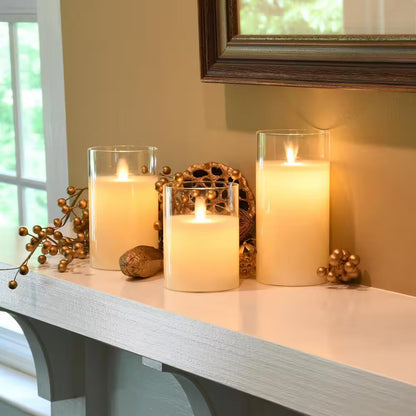 Battery Operated Glass Hurricane Candles with Moving Flame (Set of 3)