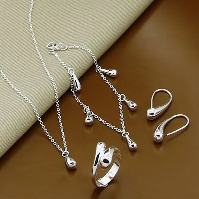 Jewelry Set 925 Sterling Silver Fashion Water Drop Small Necklace Bracelet Earrings Rings Sets for Woman Best Gift