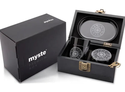 MYSTE BLUE MANDALA Stash Box Smell Proof Set, Grinder Large 2.5'' (63mm), Premium Combo Stashbox Kit, Wooden With Accessories