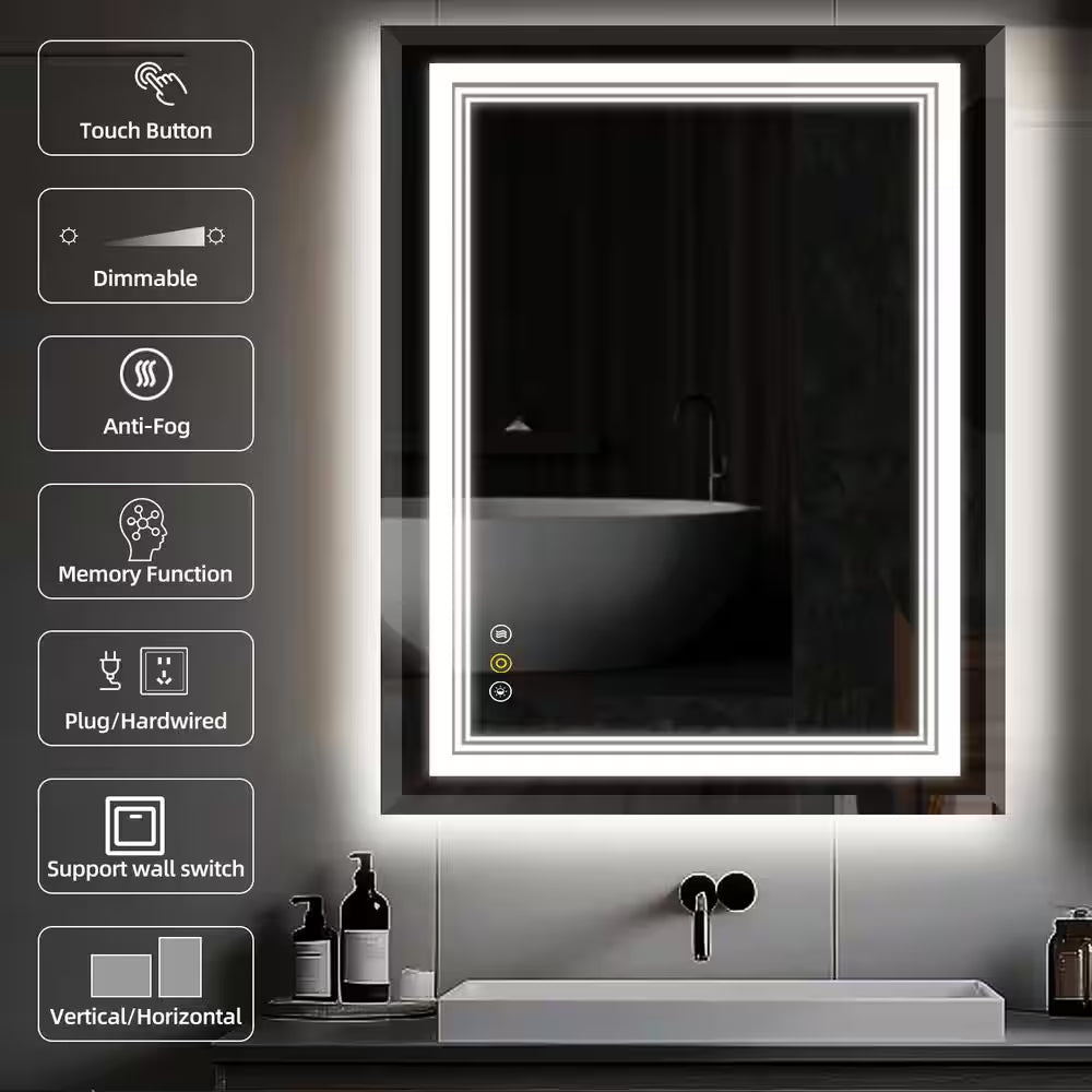 RS 48 In. W X 36 In. H Rectangular Beveled Edge 3 Colors Dimmable LED Anti-Fog Memory Wall Mount Bathroom Vanity Mirror