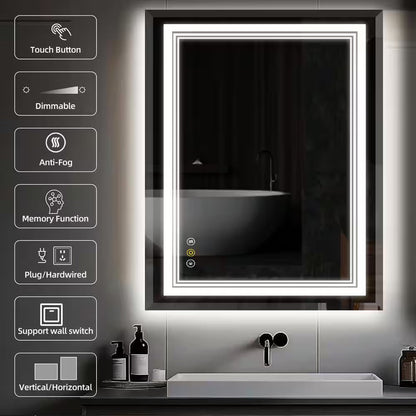 RS 48 In. W X 36 In. H Rectangular Beveled Edge 3 Colors Dimmable LED Anti-Fog Memory Wall Mount Bathroom Vanity Mirror