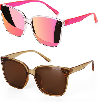Sunglasses Womens, Oversized Pink Sunglasses for Women with Trendy Mirrored Lens UV400 Blocking