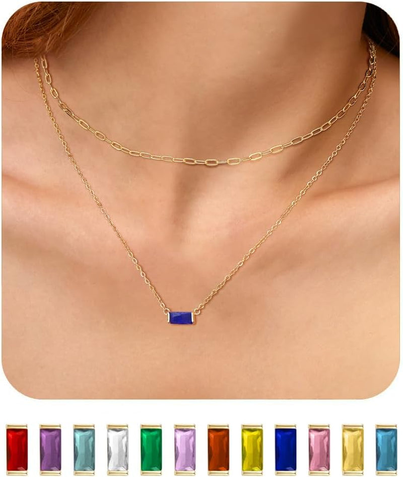 Layered Birthstone Necklace for Women Mothers 14K Gold Charm Necklace Dainty Paperclip Chain Necklace Pink Emerald Red Purple Pendant Necklace Diamond Jewelry Birthday Party Prom Wedding