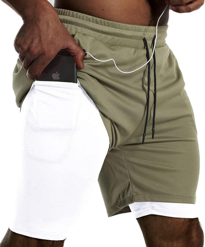 Mens 2 in 1 Running Shorts Quick Dry Gym Athletic Workout Shorts with Compression Liner