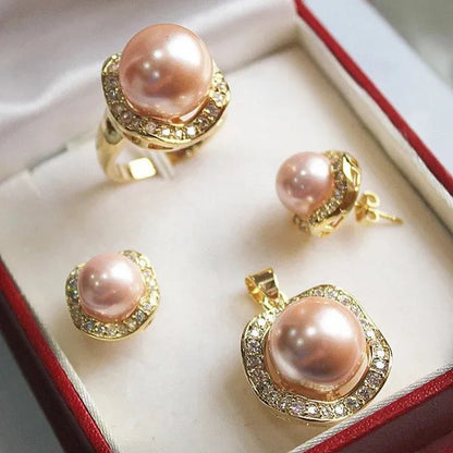 wholesale noble South Sea Shell Pearl 10-14mm Pendant Earrings Ring Set & stud earring jewelry set necklace 5 colors choose