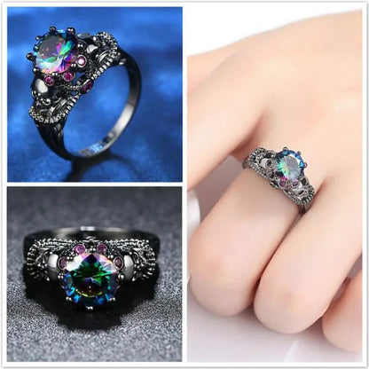 Gothic Style Sterling Silver Skull Ring Black Sapphire/Rainbow Crystal Diamond Punk Jewelry Proposal Birthday Gift Bridal Engagement Band Rings for Men Women Bride Size 6-9