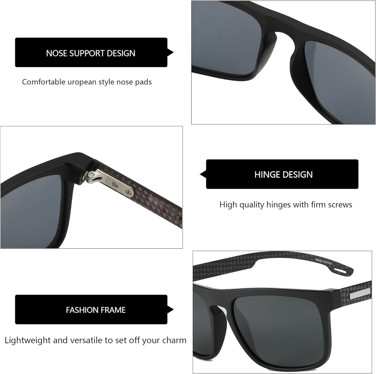 Polarized Sunglasses Men - Square Durable TR90 Lightweight Frame Carbon Fiber UV400 Protection Mens Sunglasses
