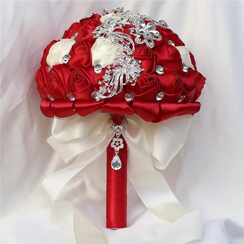 21CM Silver Rhinestone Bridal Hand Flowers Ribbon Wedding Hand Bouquet Mixed Color Silk Rose Diamond Brooch Bridesmaid Bouquet Wedding Supplies