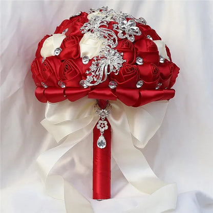 21CM Silver Rhinestone Bridal Hand Flowers Ribbon Wedding Hand Bouquet Mixed Color Silk Rose Diamond Brooch Bridesmaid Bouquet Wedding Supplies