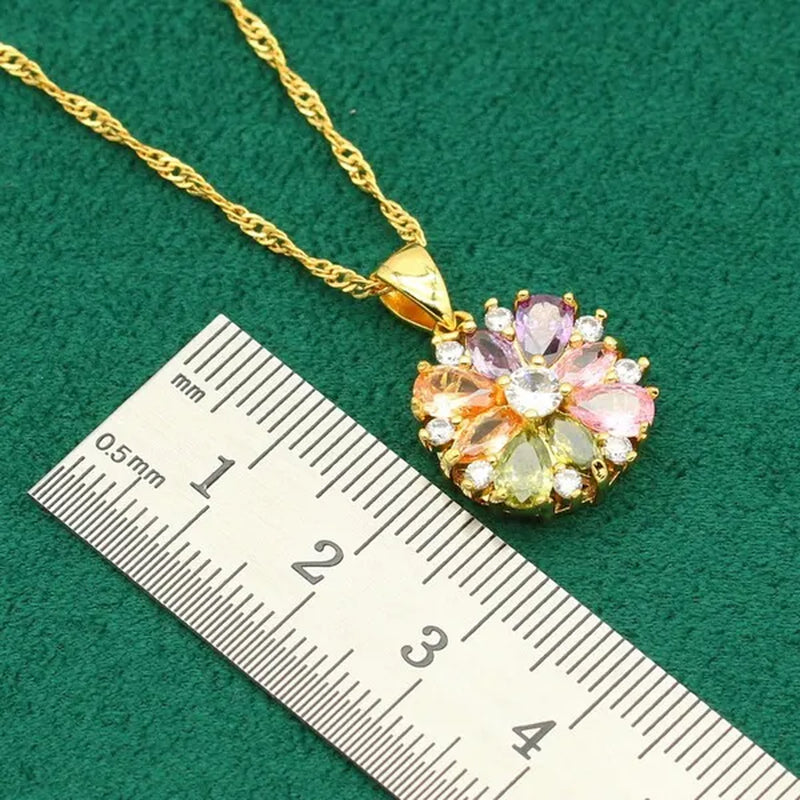Classic Gold Color Jewelry Sets for Women Wedding Multi Color Zircon Bracelet Earrings Necklace Pendant Ring 4PCS