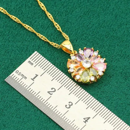 Classic Gold Color Jewelry Sets for Women Wedding Multi Color Zircon Bracelet Earrings Necklace Pendant Ring 4PCS