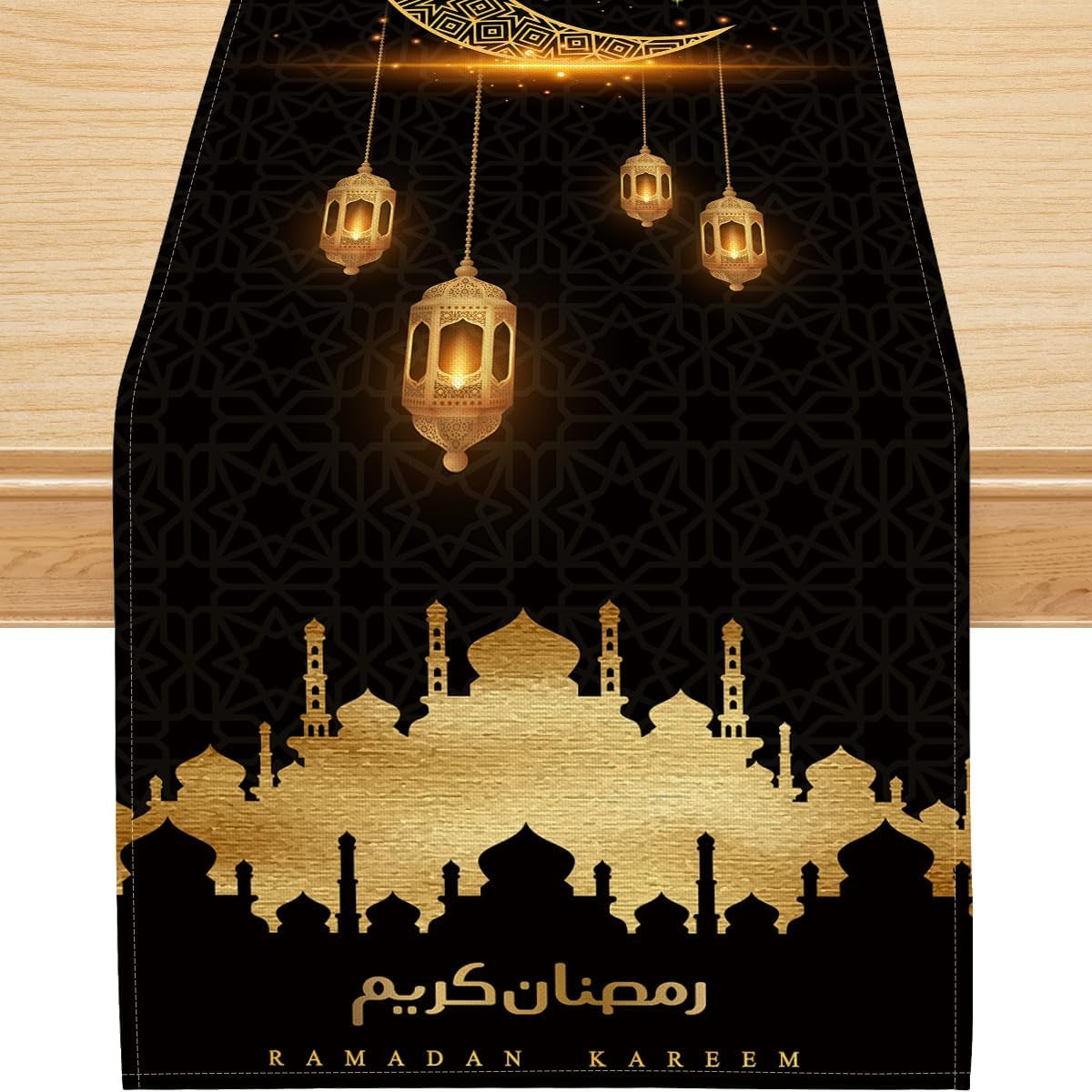 Ramadan Decorations for Home, Ramadan Table Runner Eid Mubarak Mosque Muslim Islamic Golden Moon Religious Table Runner Holiday Decor Dining Table Decoration (13'' X 36'')