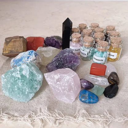 29 Crystals and Healing Stones Gemstone Bottles Chip,Raw Chakra Stones,Black Obsidian Wands,Witchcraft Supplies Healing Crystals Set,Chakra Healing Witchy Room décor Meditation Therapy Crystals