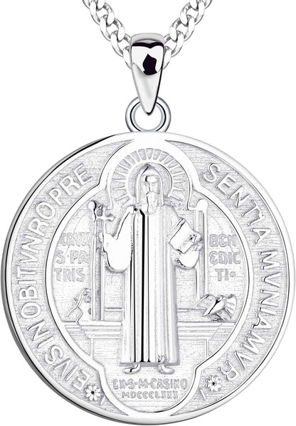 Saint Benedict Necklace 925 Sterling Silver Patron Saint Benedict Medal Pendant Amulet Protection Religious Jewelry for Men Women