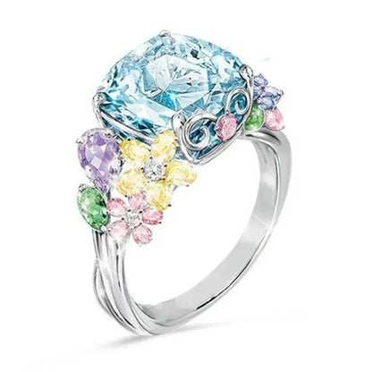 Unique Flower  Silver Multicolor Gemstone Aquamarine Square Princess Ring Woman Engagement Ring Anniversary Statement Natural Gemstones Pink Sapphire Ring