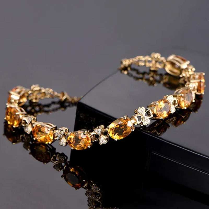 Simple Copper Plated 18k Golden  Citrine Water Drop Pendant Necklace Oval Claw Set Ear Hook Earrings Open-End Ring Flower Petal Inlaid Zircon Bracelets Jewelry Set for Elegant Women