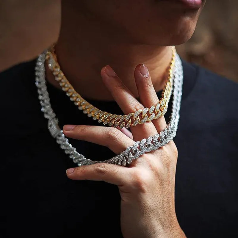 Fashion Gold / Silver Plated Solid Stainless Steel Iced Out Diamond Bracelet Thick Miami Cuban Link Chain Necklace Hip Hop Jewelry