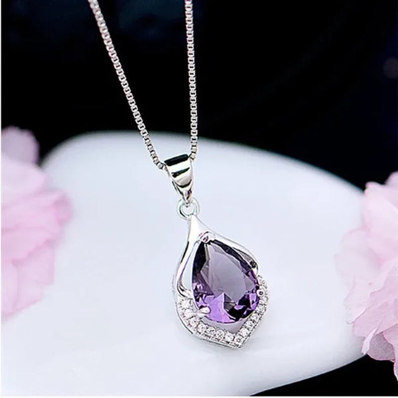 Fashionable and Noble 925 Pure Silver Diamond Lady Necklace Long Pendant Elegant Natural Amethyst Clavicle Chain
