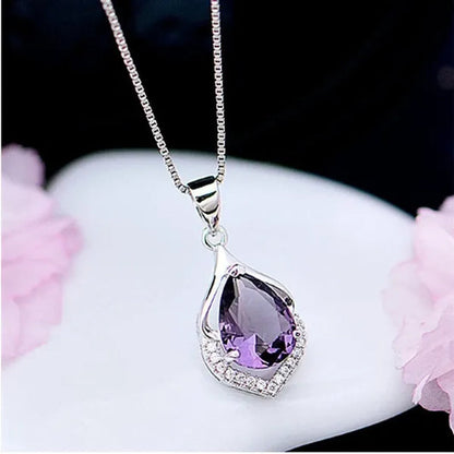 Fashionable and Noble 925 Pure Silver Diamond Lady Necklace Long Pendant Elegant Natural Amethyst Clavicle Chain