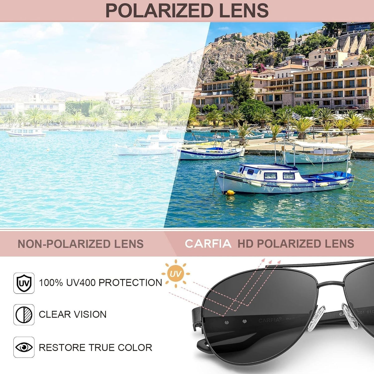 Polarized Sunglasses for Women UV Protection Ultra-Lightweight Comfort Metal Frame Driving Glasses CA3210
