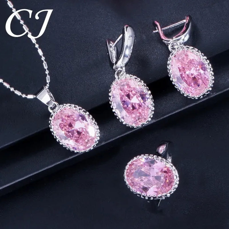 CANDICE Elegant Engagement Accessories Big Oval Cut CZ Stone Silver Necklace Earrings Ring For Bridal Wedding Bling Jewelry Set (US 6-9)