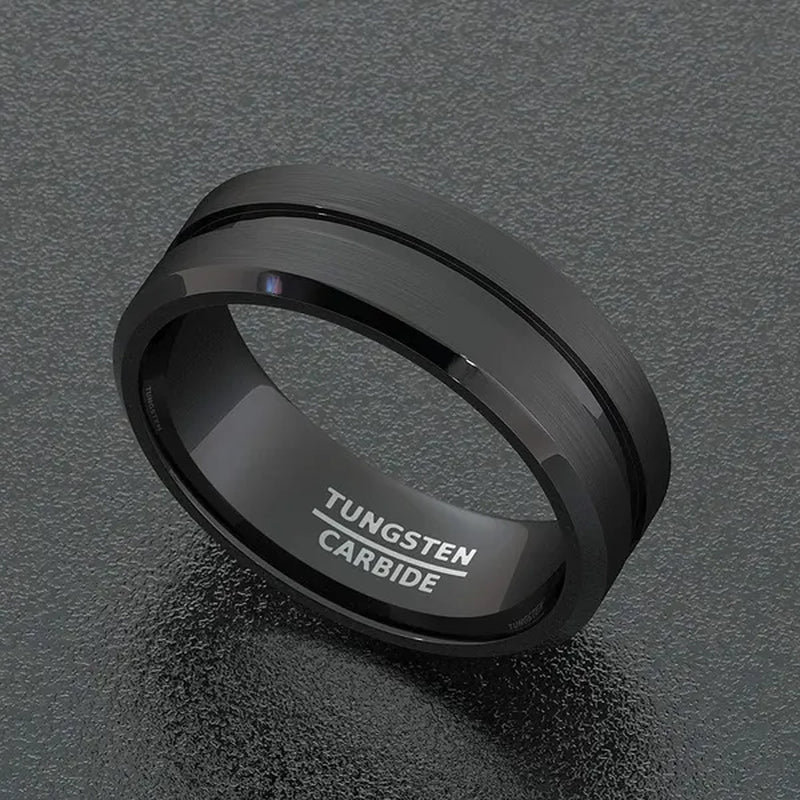 Fashion 8mm Black Tungsten Carbide Ring Gold Groove Matte Brushed Surface Beveled Edge Mens Wedding Band Comfort Fit