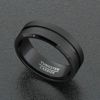 Fashion 8mm Black Tungsten Carbide Ring Gold Groove Matte Brushed Surface Beveled Edge Mens Wedding Band Comfort Fit