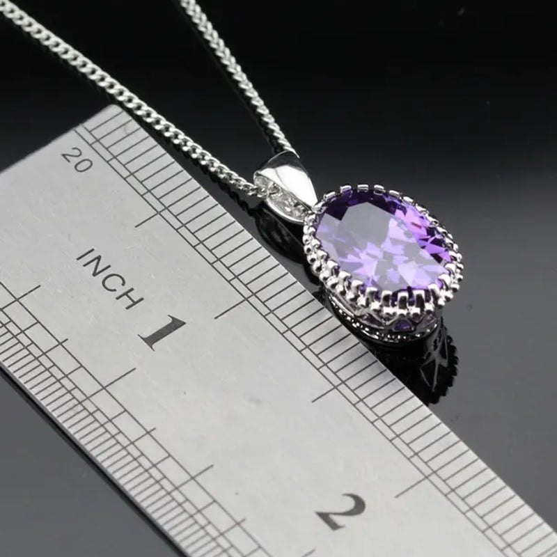 Oval Purple Amethyst Gem Stones Zircon Silver Jewelry Set Necklace Pendant Earrings Ring For Women