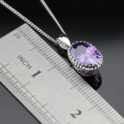 Oval Purple Amethyst Gem Stones Zircon Silver Jewelry Set Necklace Pendant Earrings Ring For Women