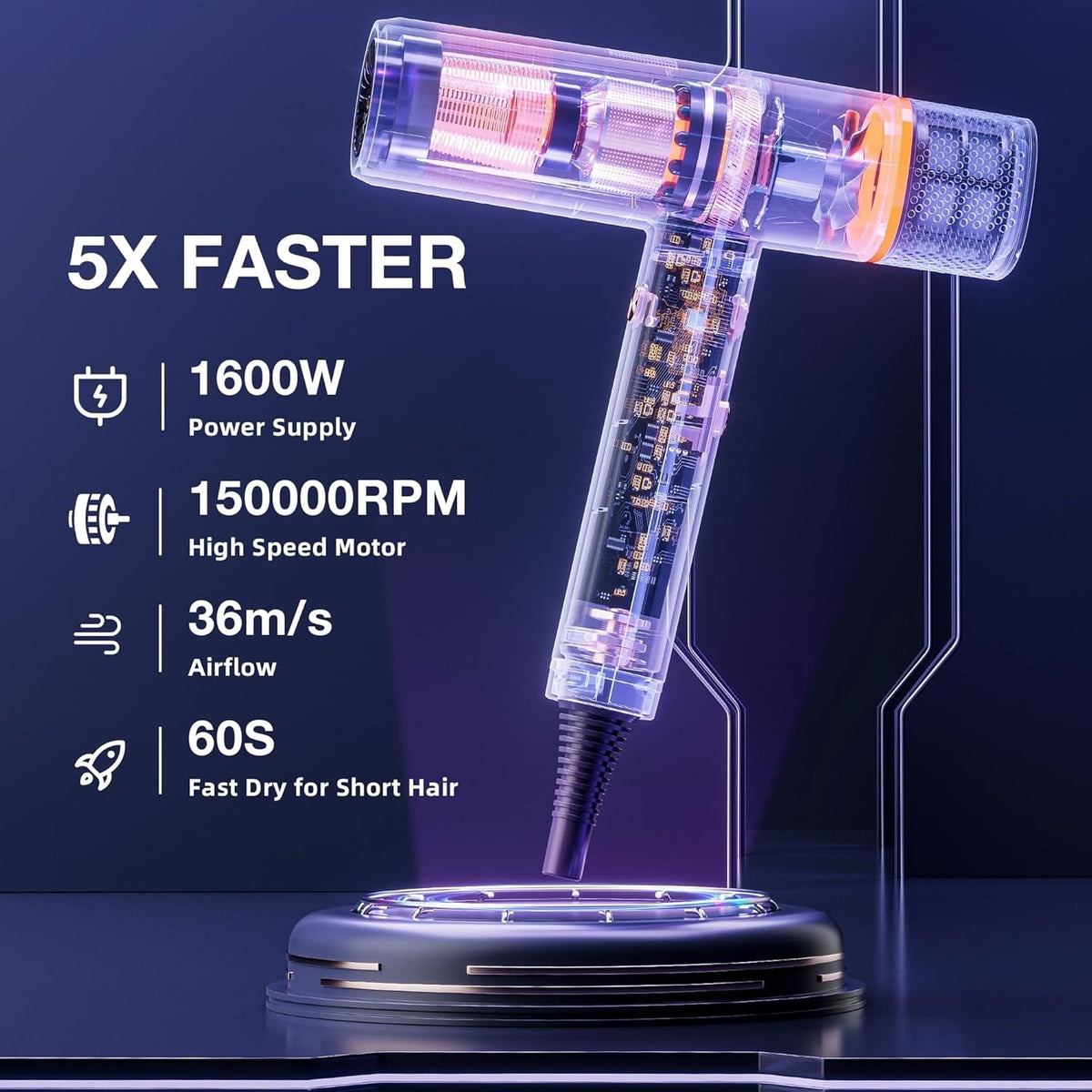 Hair Blow Dryer 150000 RPM, 200 Million Negative Ionic Blow Professional Hair Dryer with Diffuser, 3 Temps/2 Speeds, 6.56 Ft Cord Fast Drying and Portable for Home Traveling, Black