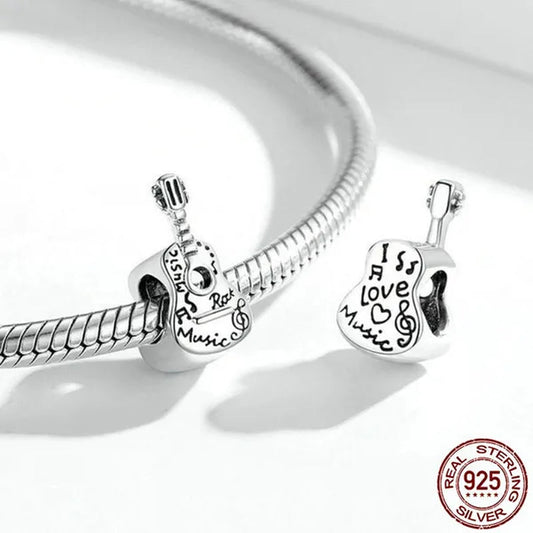 Fashion 925 Sterling Silver Simple Guitar Charm Fit Original Bracelet Diy