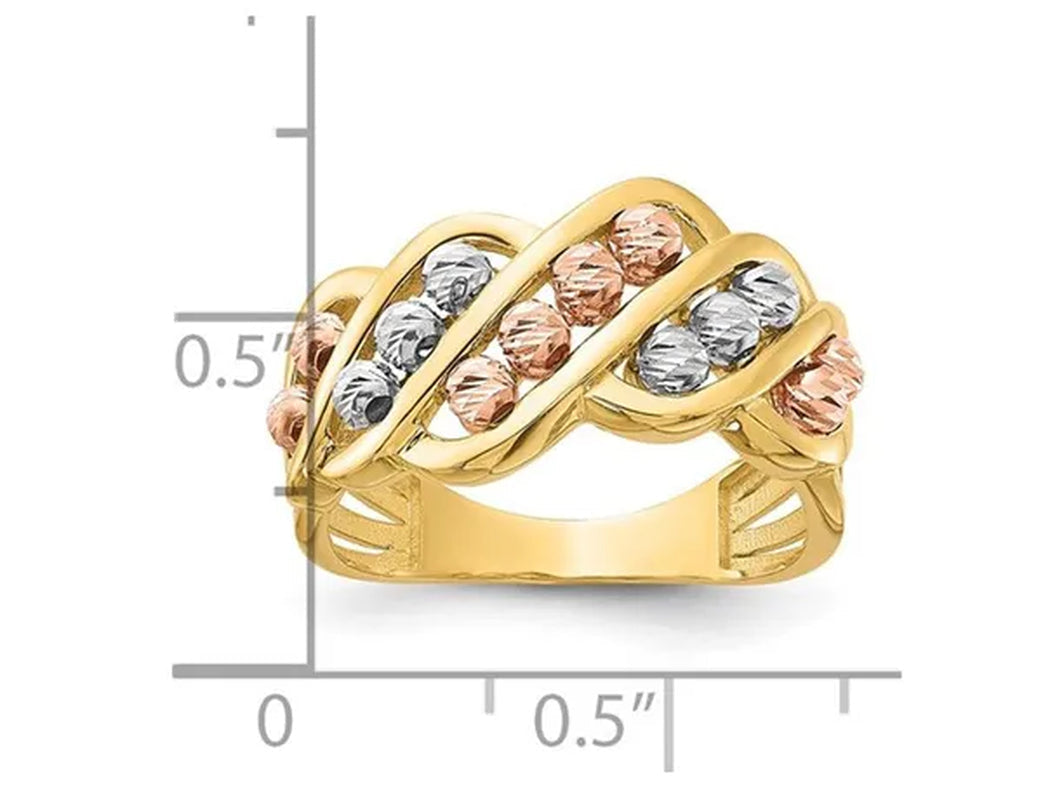 14K Yellow, White, and Rose Gold Diamond-cut Beads Ring