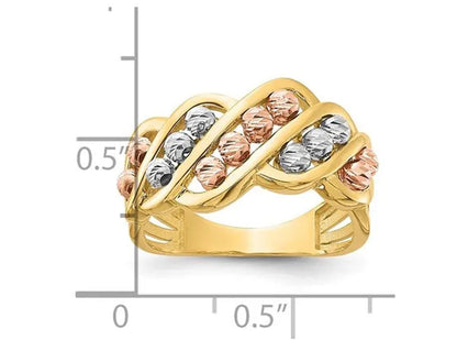 14K Yellow, White, and Rose Gold Diamond-cut Beads Ring