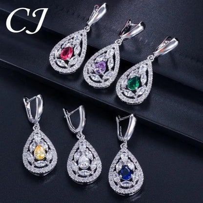 CANDICE Women's Sterling Silver Plated Jewelry Set Summer New Fashion Blue Zircon Necklace Pendant Earrings Ring（US 7-9)