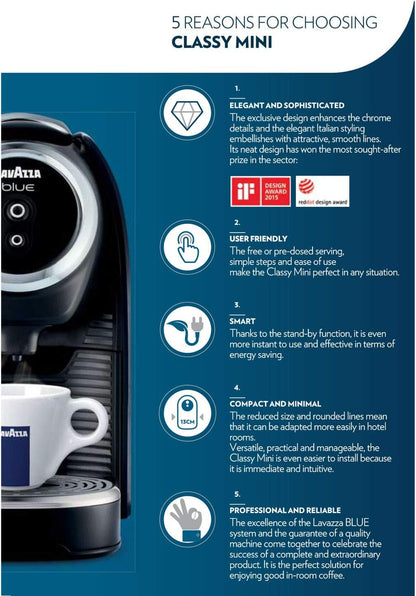 BLUE Classy Mini Single Serve Espresso Coffee Machine LB 300, 5.3" X 13" X 10.2" 2 Coffee Selections: Simple Touch Controls, 1 Programmable Free Dose and 1 Pre-Set