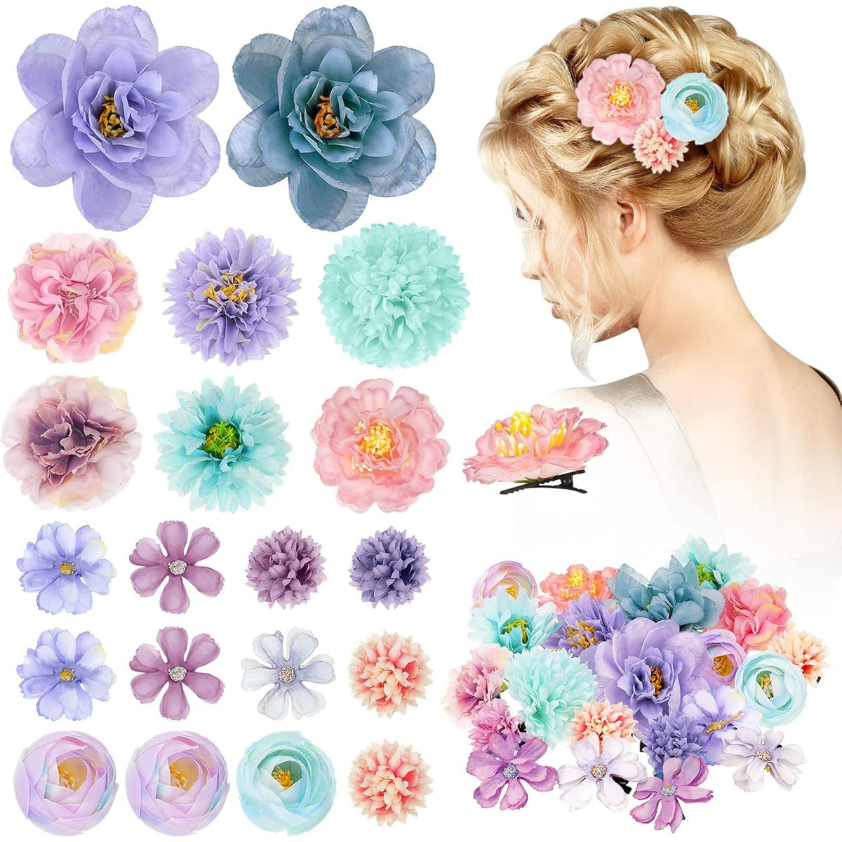 21 Pcs Flower Hair Clip Rose Hair Clips Barrettes for Women Flower Accessories Boho Bride Claw Clip Hairpin Brooch Pin Headpiece for Wedding(Blue, Purple)