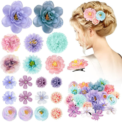 21 Pcs Flower Hair Clip Rose Hair Clips Barrettes for Women Flower Accessories Boho Bride Claw Clip Hairpin Brooch Pin Headpiece for Wedding(Blue, Purple)