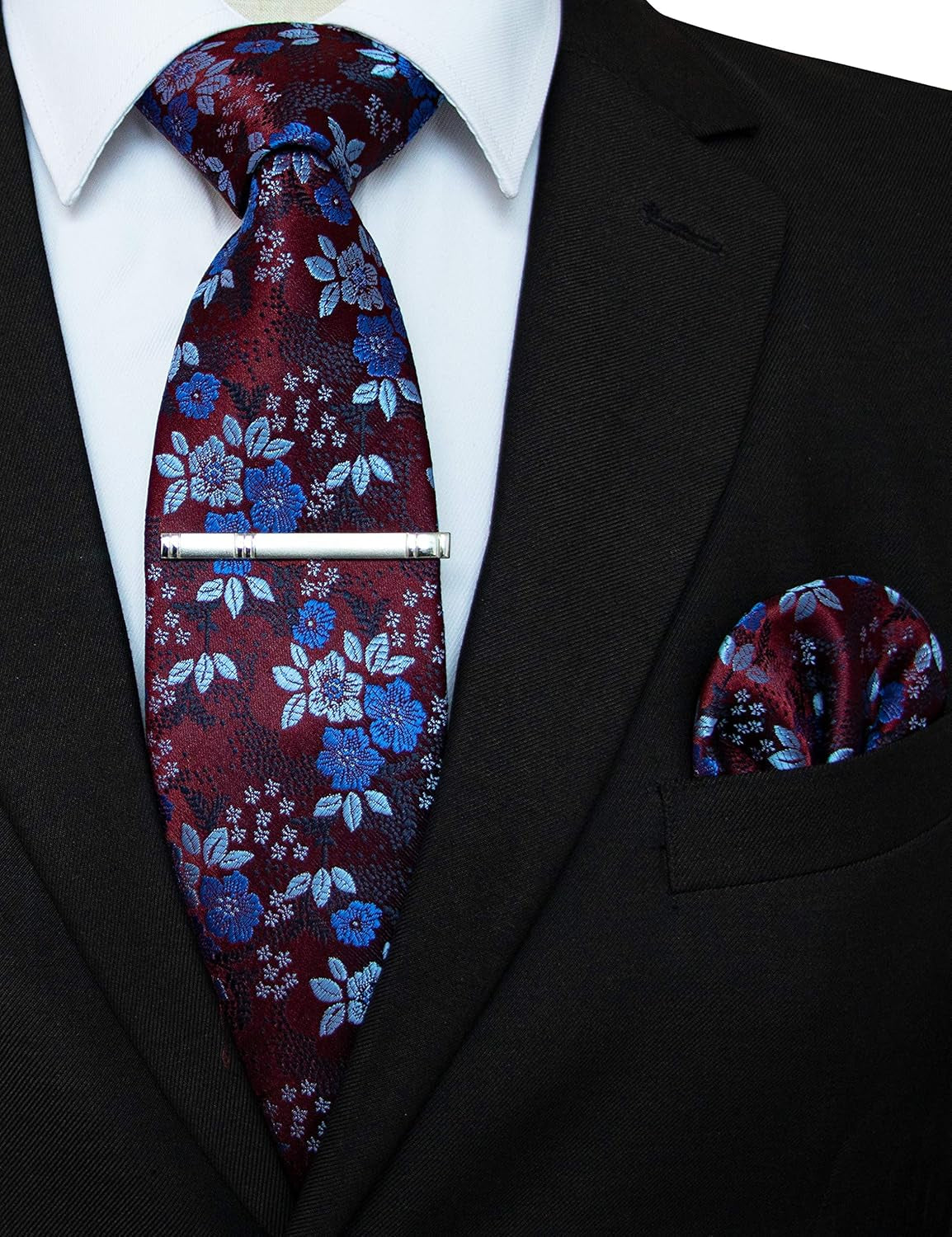 Floral Necktie and Pocket Square Tie Clip Sets for Men