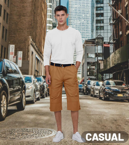 Men'S Cargo Shorts Casual Twill Elastic 3/4 Capri Pants below Knee Long Shorts with 7 Pockets