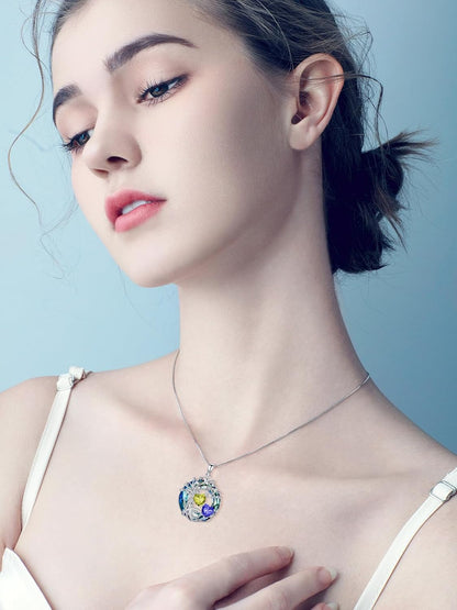 Mothers Day Gifts for Women 925 Sterling Silver Family Tree of Life Pendant Necklaces with 2 Heart Birthstone with Blue round Austrian Crystal Jewelry Birthday Anniversary Christmas Gifts for Her Wife Girlfriend Mom (18K Real White Gold Filled)