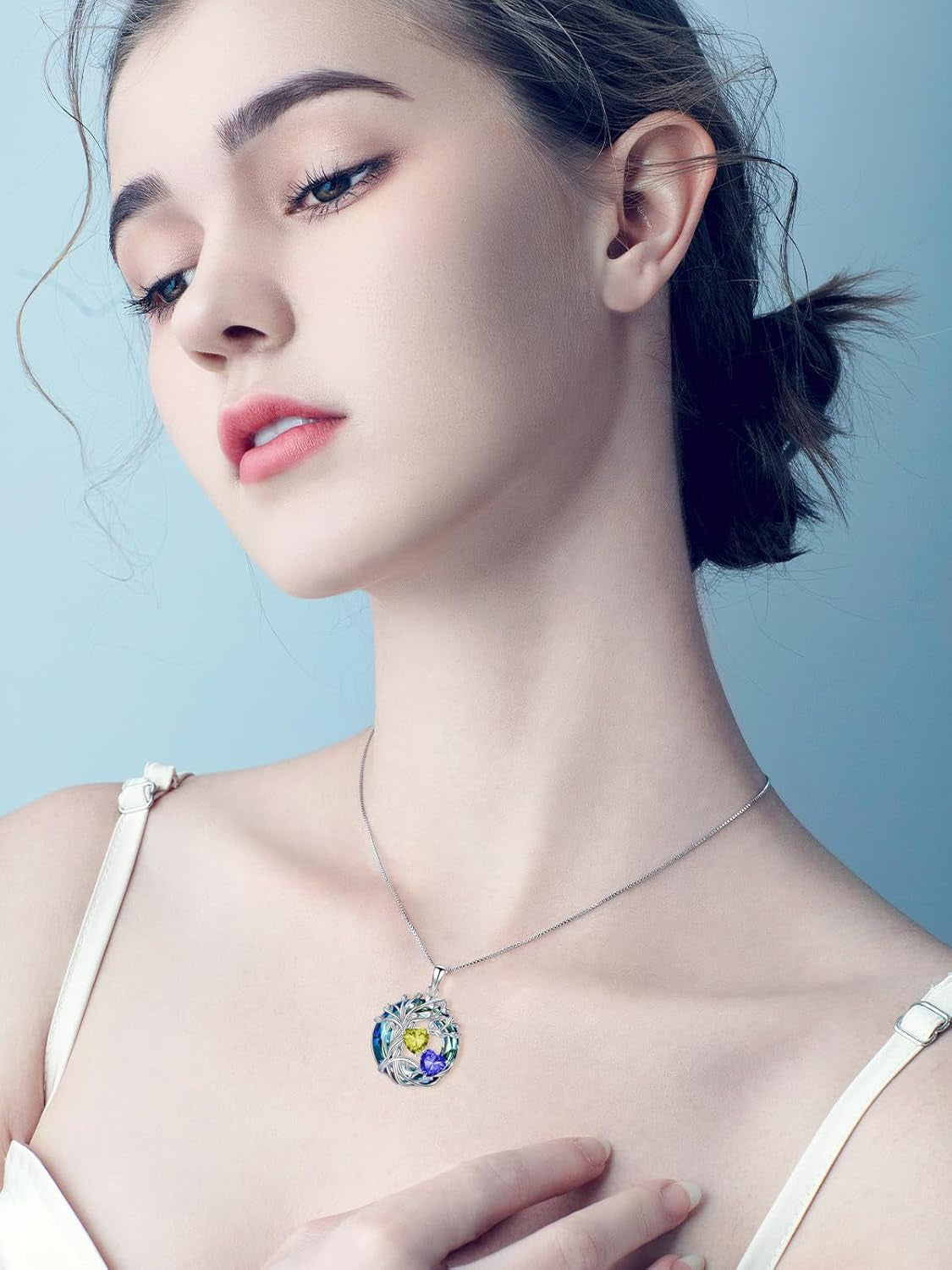 Mothers Day Gifts for Women 925 Sterling Silver Family Tree of Life Pendant Necklaces with 2 Heart Birthstone with Blue round Austrian Crystal Jewelry Birthday Anniversary Christmas Gifts for Her Wife Girlfriend Mom (18K Real White Gold Filled)